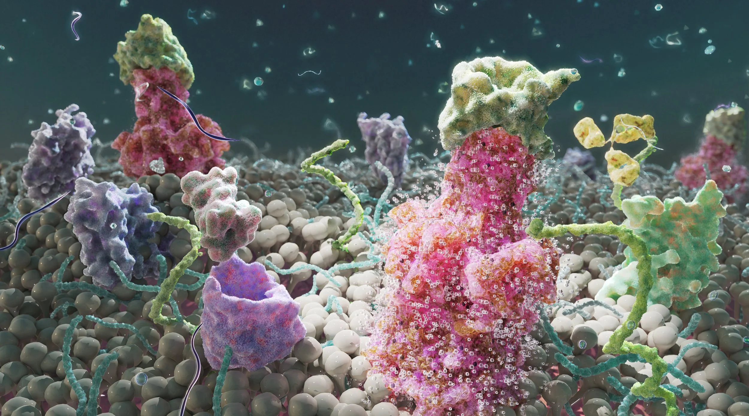 “Creative artwork depicting a lipid membrane densely populated with proteins and receptor sites. This science‑inspired piece highlights the fluid mosaic structure, molecular interactions, and dynamic communication processes that define cellular surfa