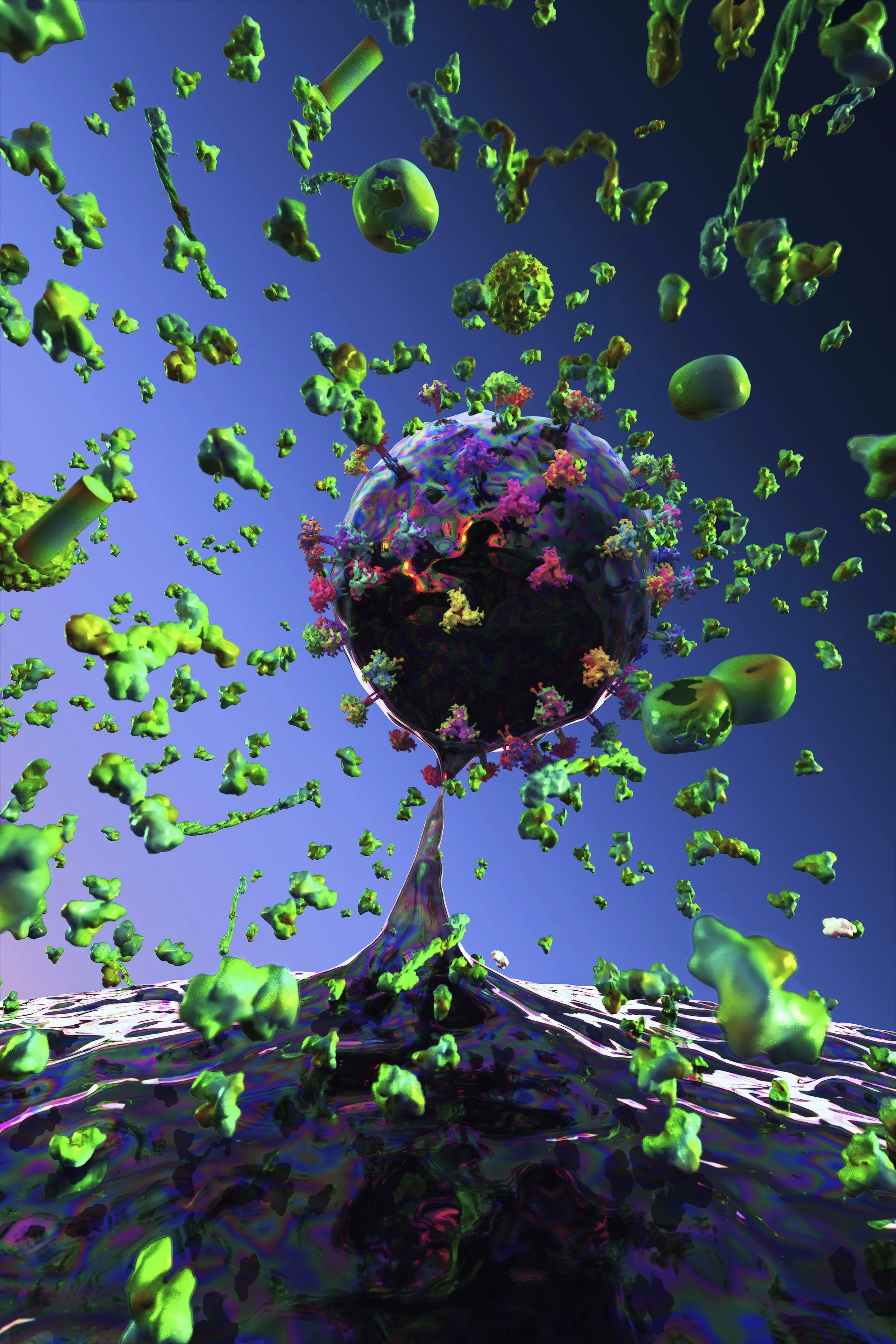 “Artistic visualization of a cell budding from its host cell, capturing a dramatic moment of biological growth and microscopic transformation.”