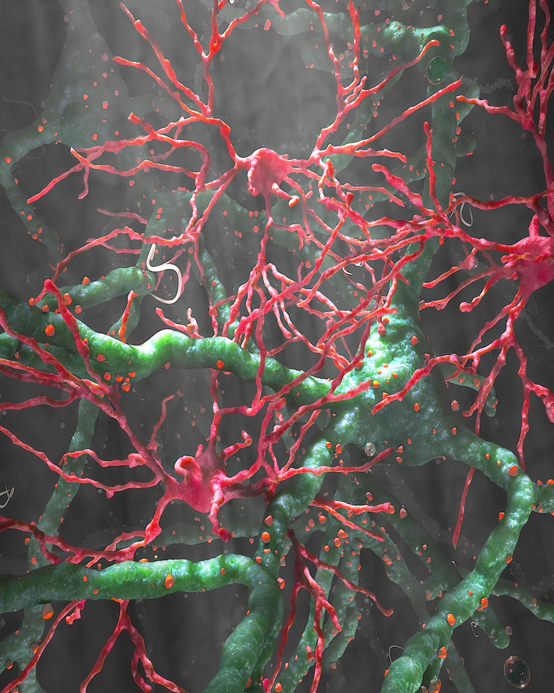 “Artistic visualization of neurons and glial cells with light rays symbolizing neurotransmitters, revealing the dynamic energy of neural communication.”
