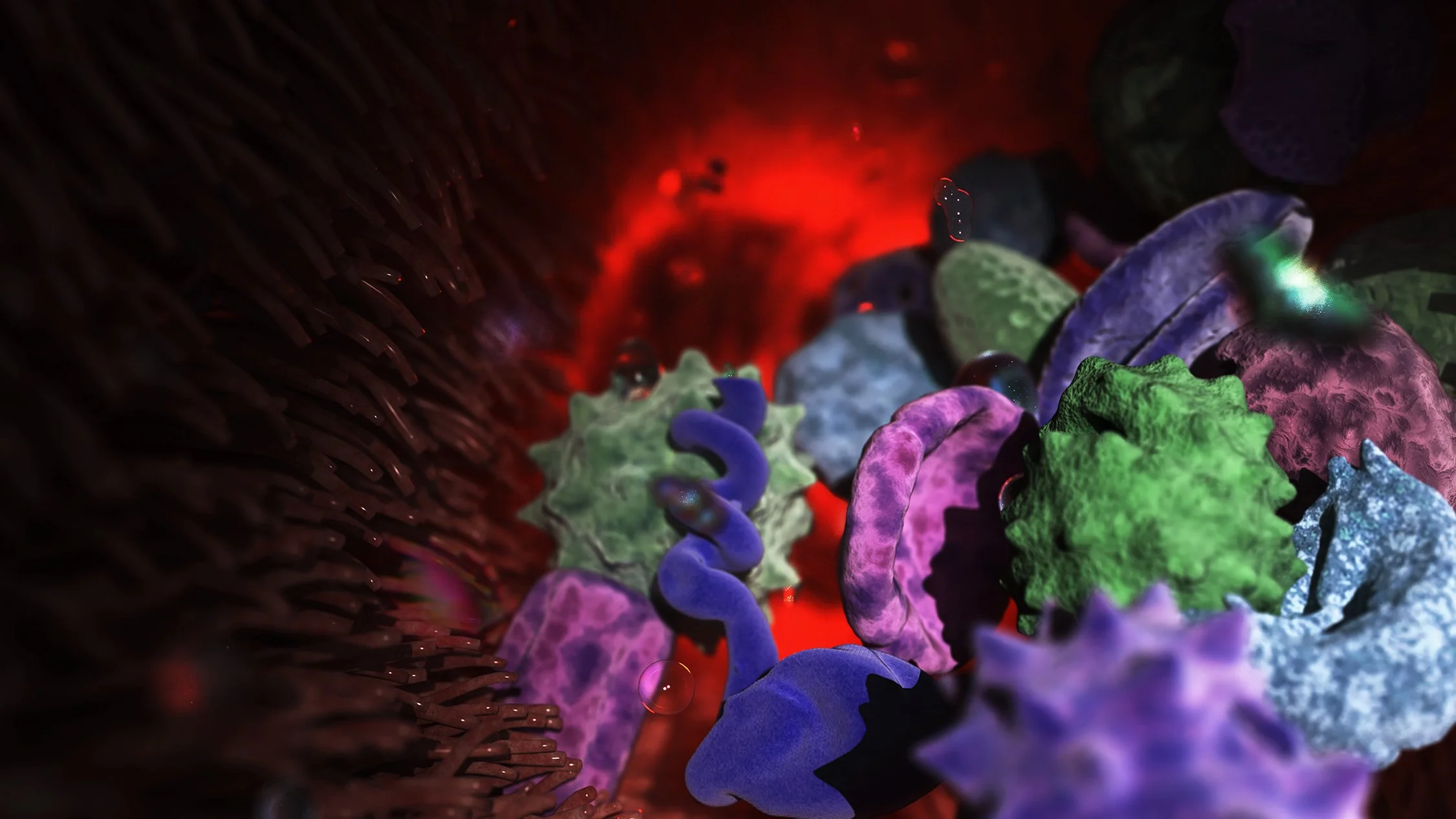 Close-up of colorful pollen grains, embedded in airways about to float away.