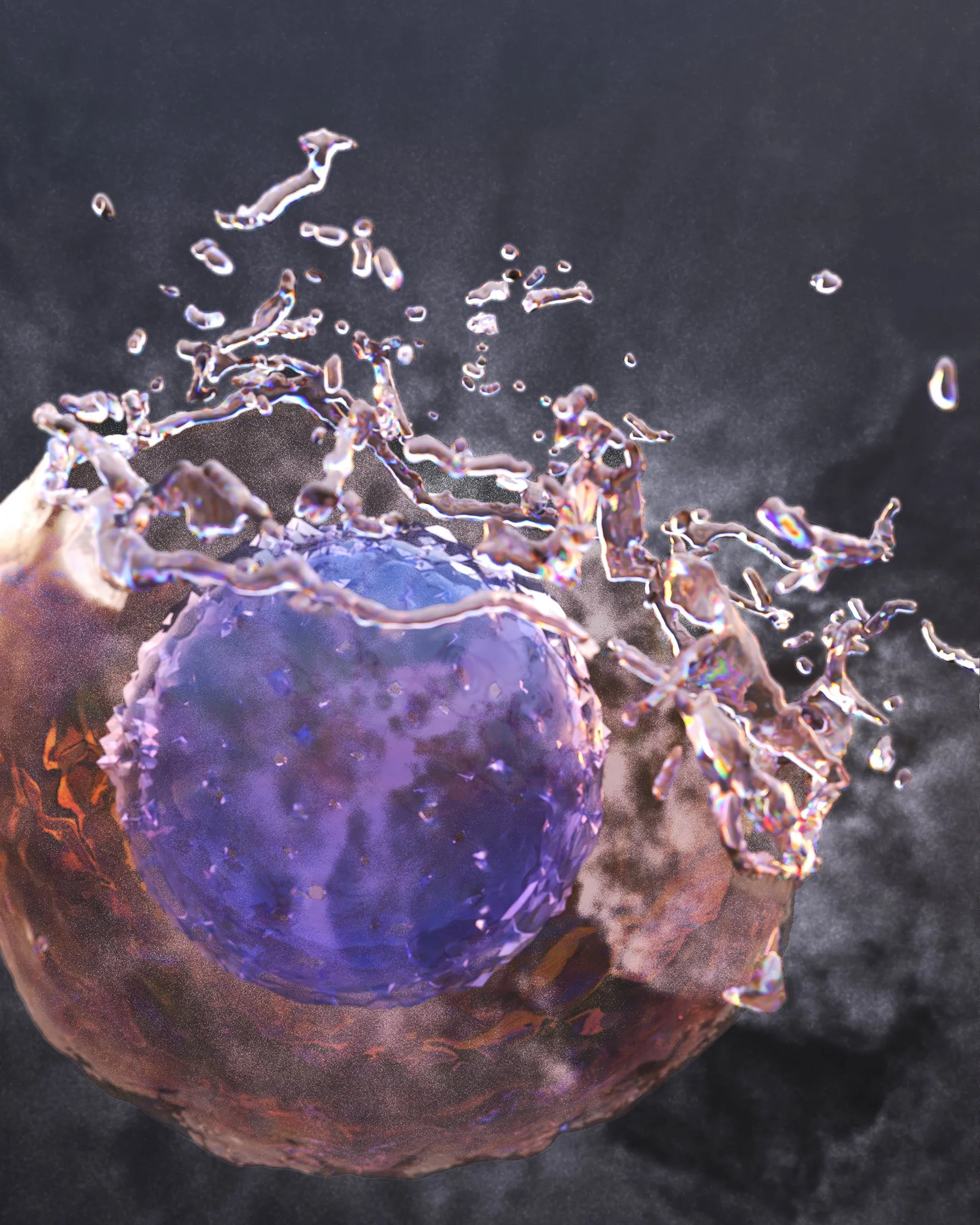 “Conceptual artwork depicting apoptosis, the programmed death of a cell. This dramatic, science‑inspired piece visualizes cellular transformation, fragmentation, and renewal, revealing the beauty and precision of life’s self‑regulating processes.”