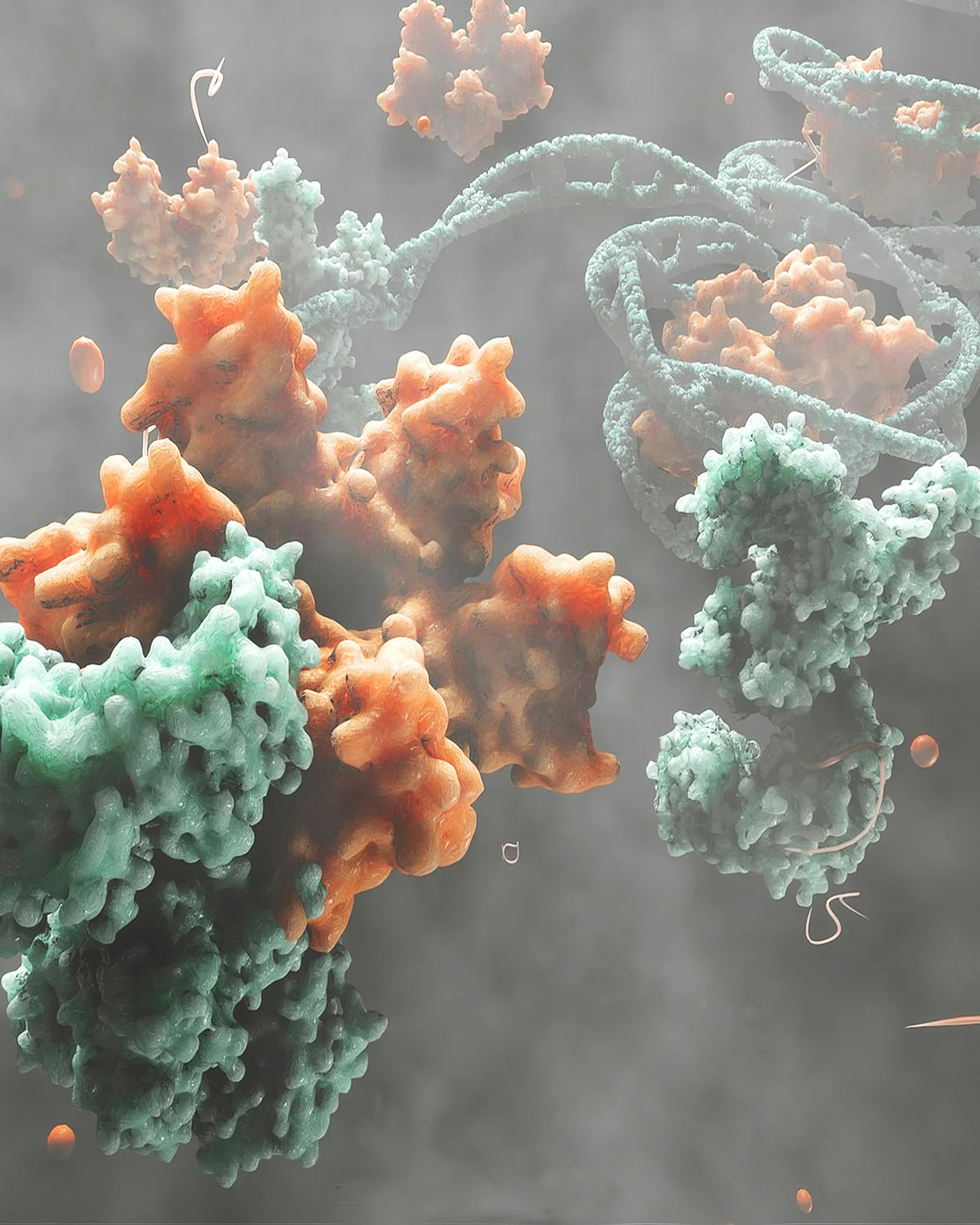 fine art view,  depicting DNA strands, proteins, and cells in a vibrant, conceptual style. This science‑inspired piece reveals the molecular structures and interactions that drive life, transforming complex biology into  visual storytelling.