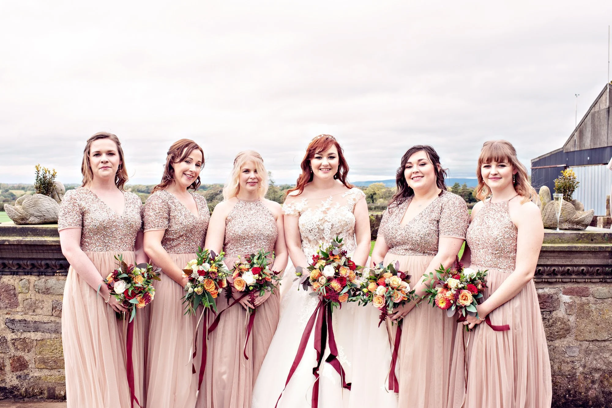 Bride and six bridesmaids in matching blush-colored dresses, holding floral bouquets, standing outdoors on a stone ledge with a cloudy sky and farm buildings in the background.