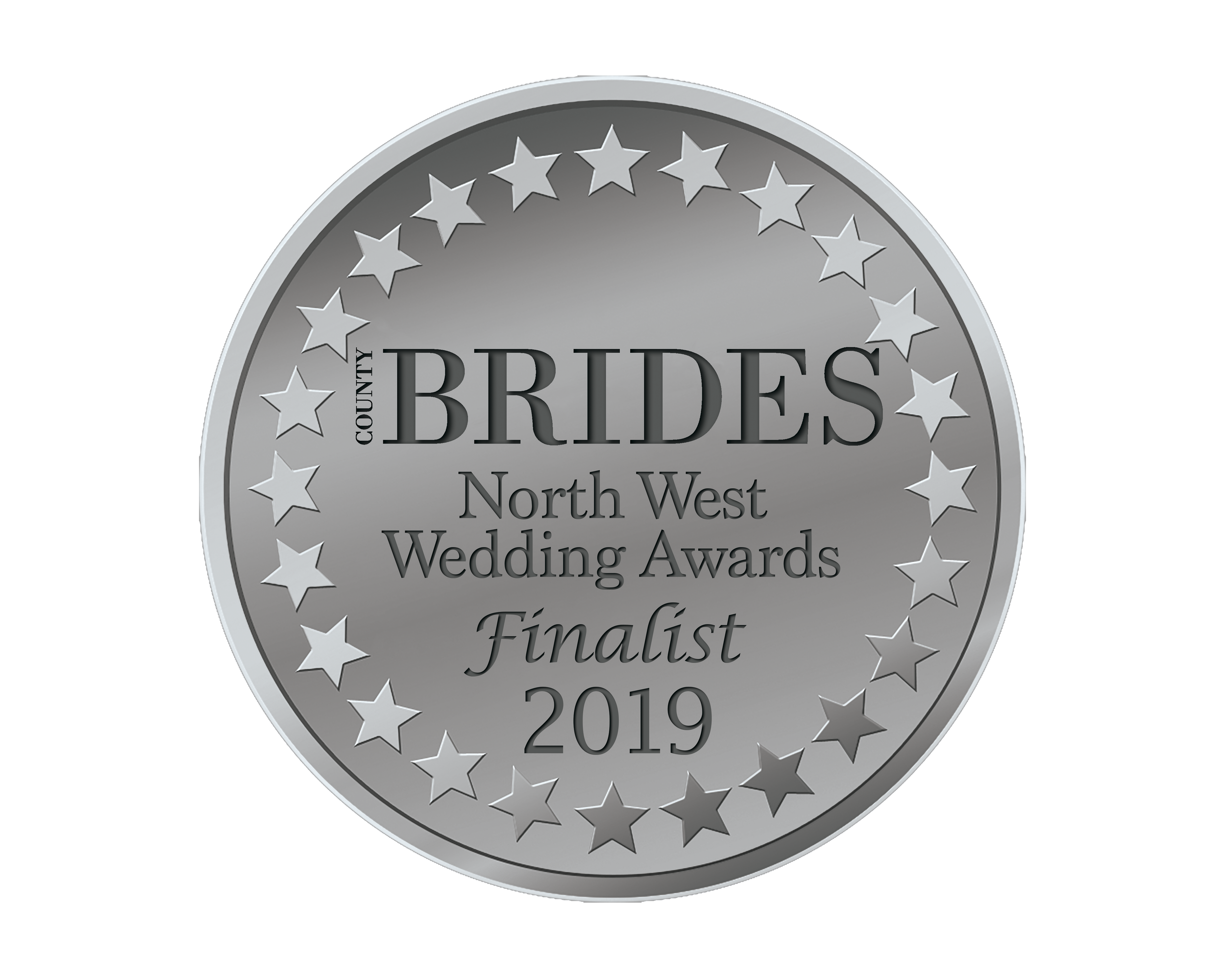 Silver circular award with stars around the border, inscribed with 'County Brides North West Wedding Awards Finalist 2019'.