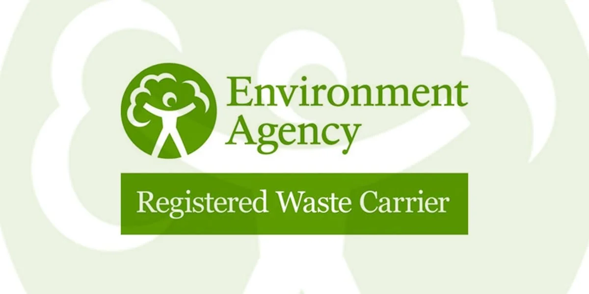 Logo of the Environment Agency with text 'Registered Waste Carrier' and a green icon of a happy tree with a person shape in the center.