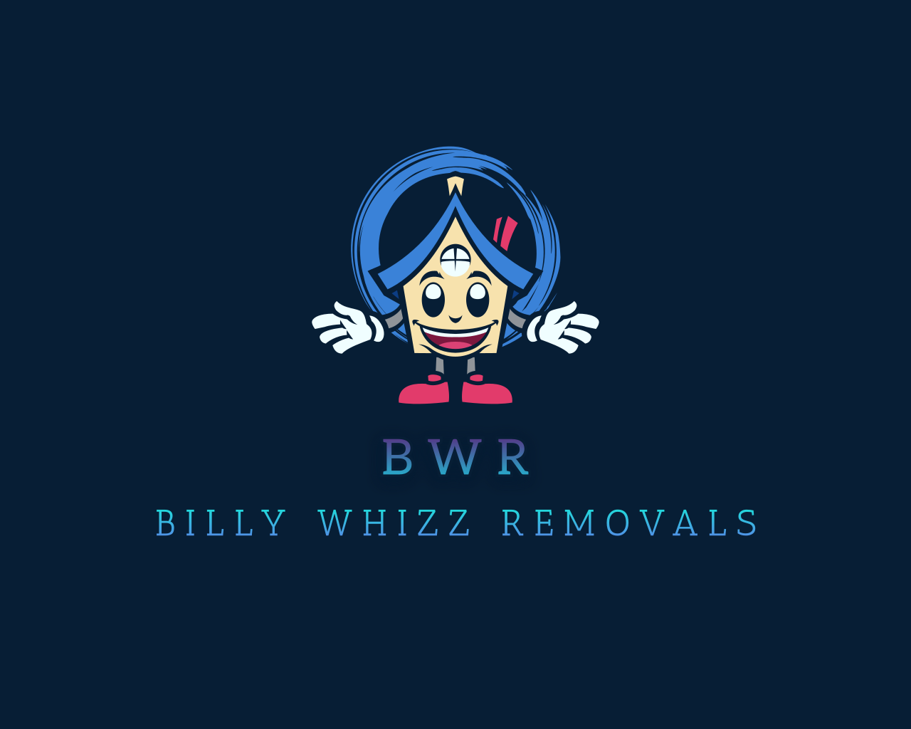 Logo for Billy Whizz Removals featuring cartoon character with blue hair, red shoes, and a blue uniform, smiling with arms outstretched and text "BWR Billy Whizz Removals" underneath.
