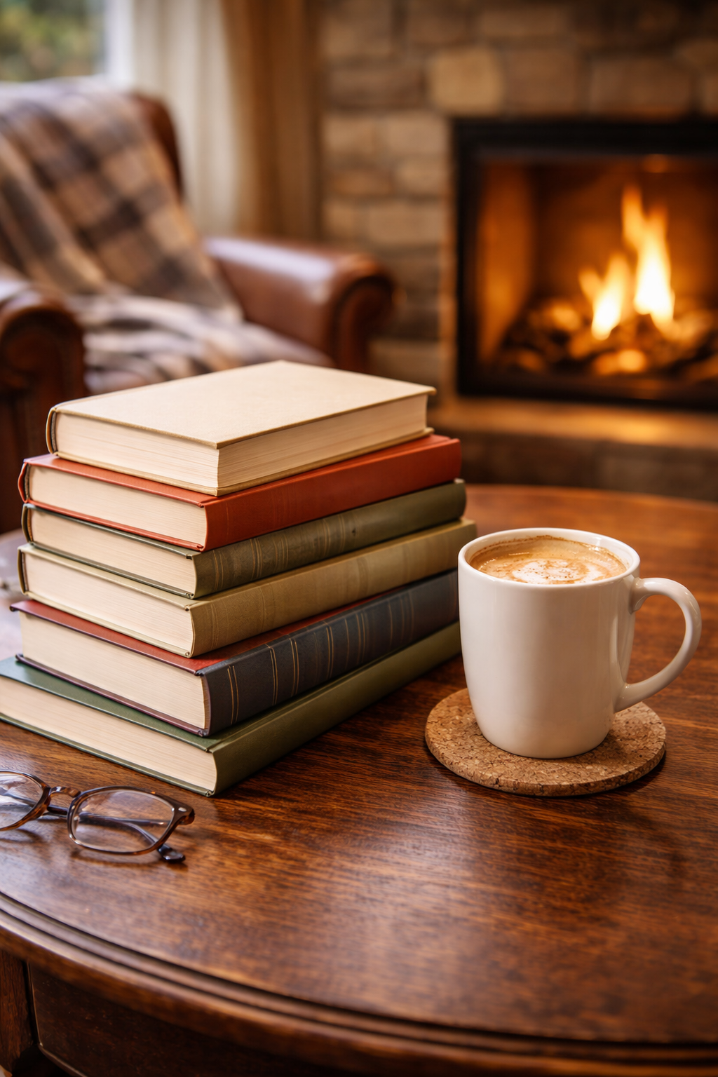 A stack of books, a mug of coffee, and reading glasses on a wooden table in front of a cozy fireplace.
