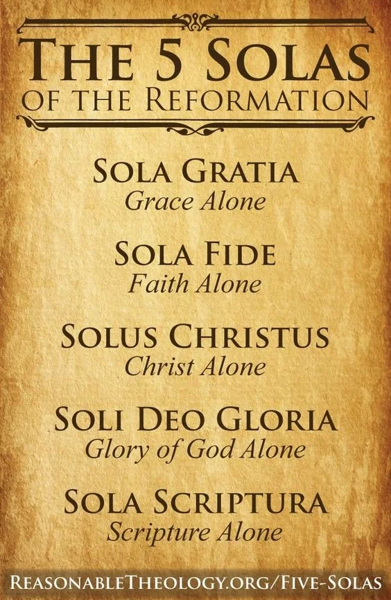 A list titled 'The 5 Solas of the Reformation' with five statements: 1) Sola Gratia - Grace Alone, 2) Sola Fide - Faith Alone, 3) Solus Christus - Christ Alone, 4) Soli Deo Gloria - Glory of God Alone, 5) Sola Scriptura - Scripture Alone. The background looks aged parchment, with decorative borders and a header in black ornate font.