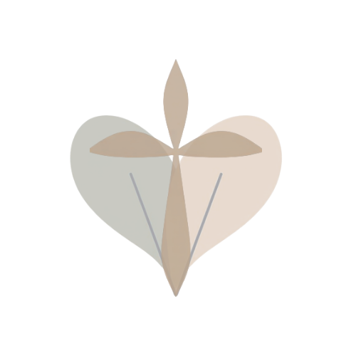 A heart-shaped, symmetrical design with beige and green leaves forming a stylized heart and a vertical leaf extending from the top.