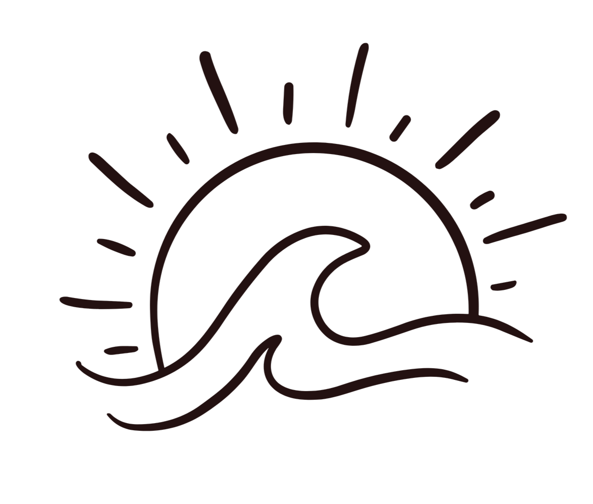 Line drawing of a sun rising over stylized ocean waves.