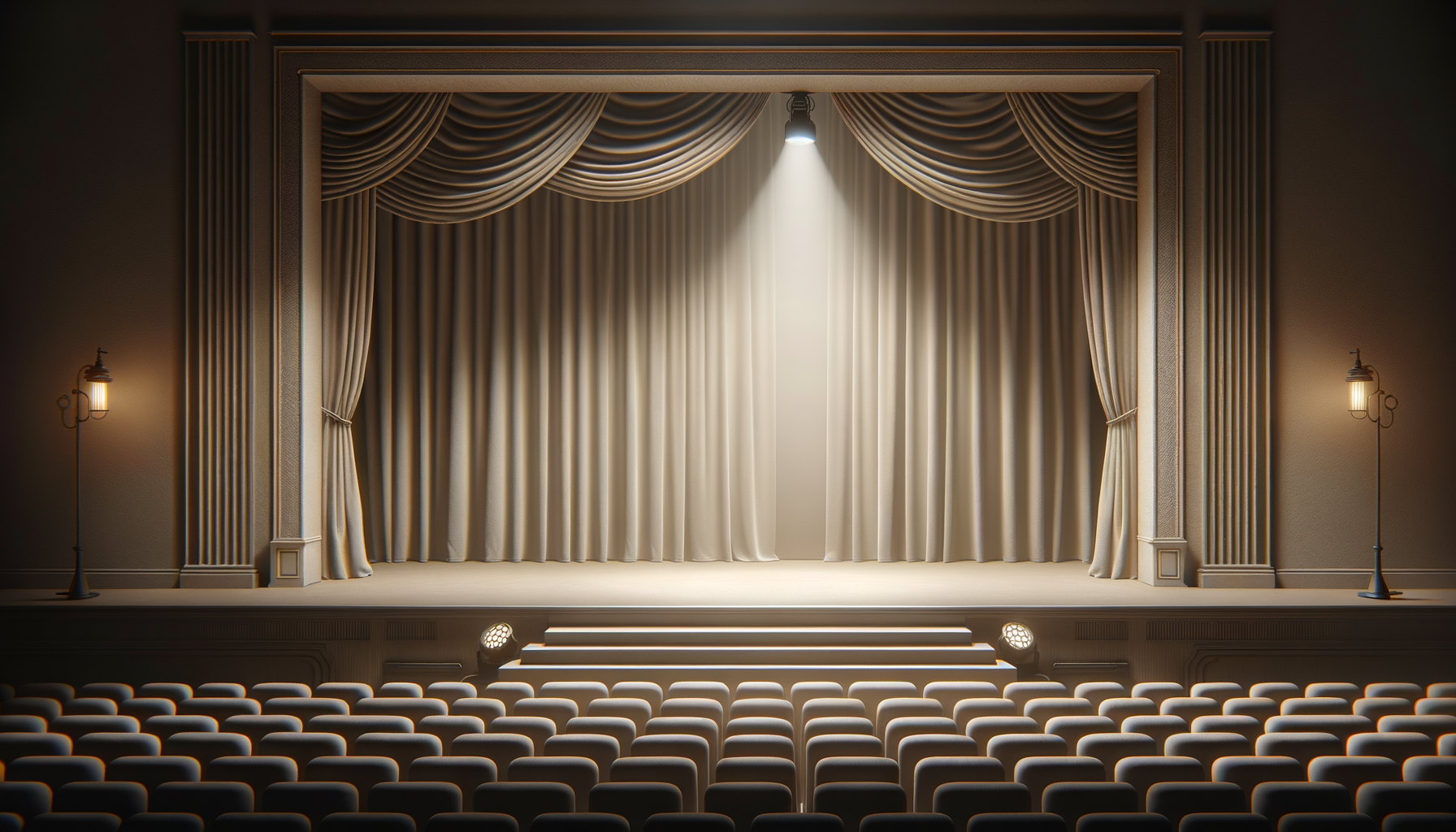 Empty theater stage with beige curtains, spotlight shining on the center, and rows of chairs in the audience area.
