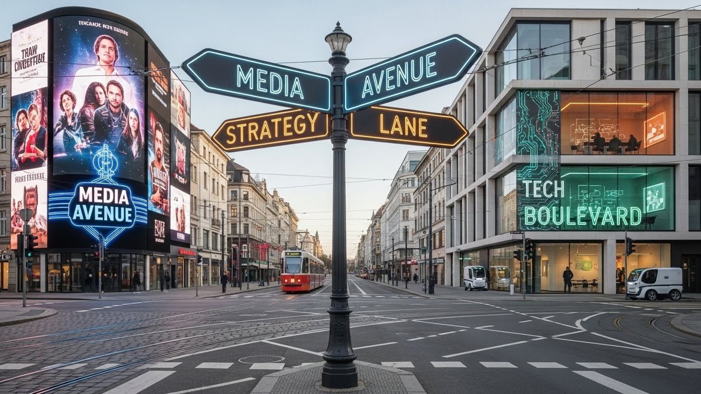 City street intersection with street signs reading 'Media Avenue', 'Strategy Lane', and 'Avenue'. Large digital billboard displays a sci-fi themed advertisement. Modern buildings and a tram are visible in the background.