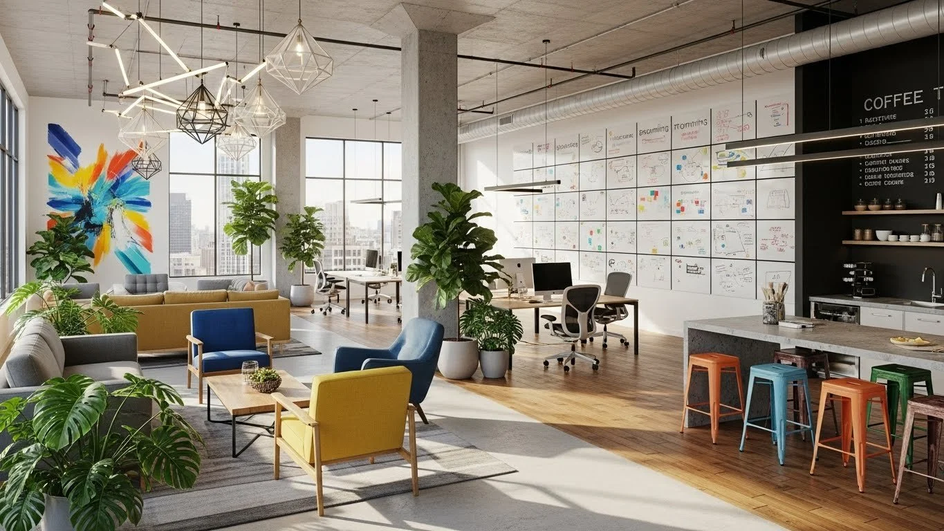 A spacious, modern office with colorful furniture, plants, large windows, and a whiteboard wall with sketches and notes.