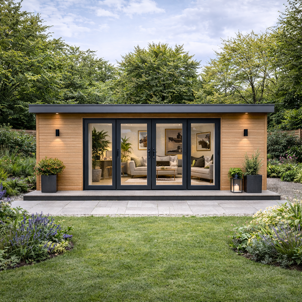 A completed Steel Frame Garden Room with wide glass double doors, surrounded by greenery and flowers, interior visible through doors showing a cozy living room.