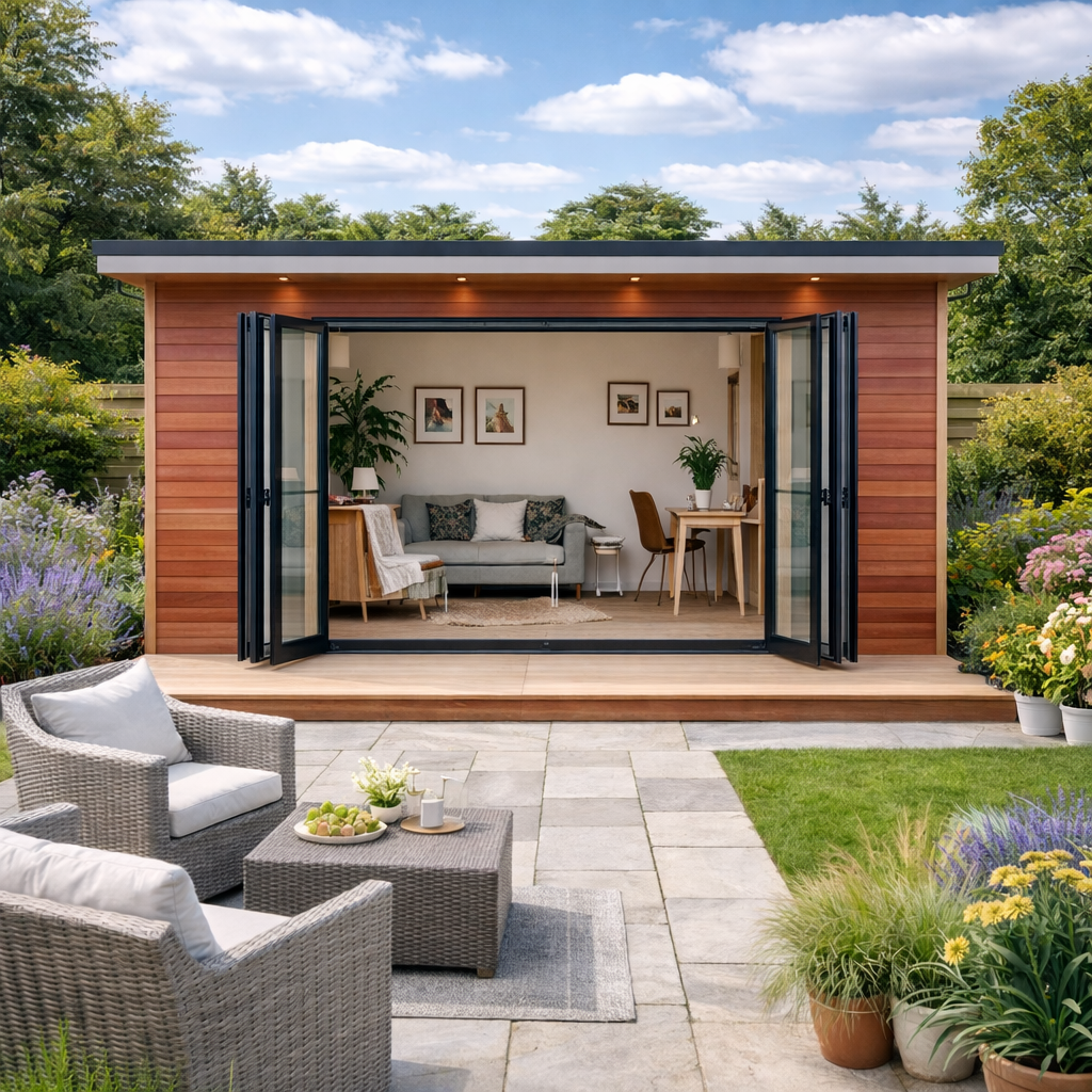 A completed Steel Frame Garden Room featuring large open glass doors, leading into a cozy living space with seating, artwork, and houseplants, set amidst vibrant garden flowers and outdoor furniture.