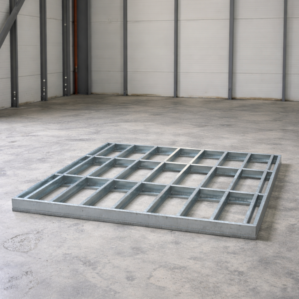Metal grid frame on a concrete floor inside a warehouse