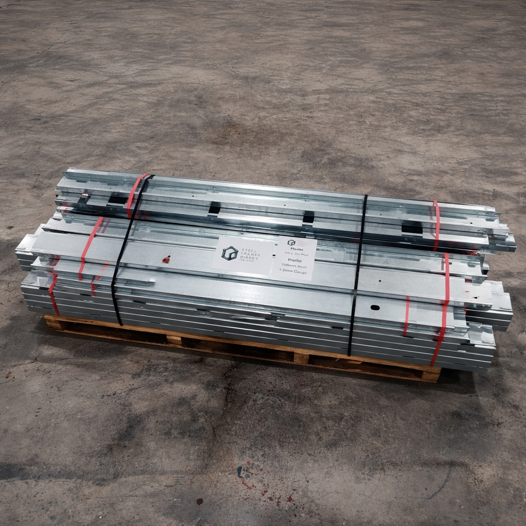 Stack of metal framing materials secured with straps on a wooden pallet.