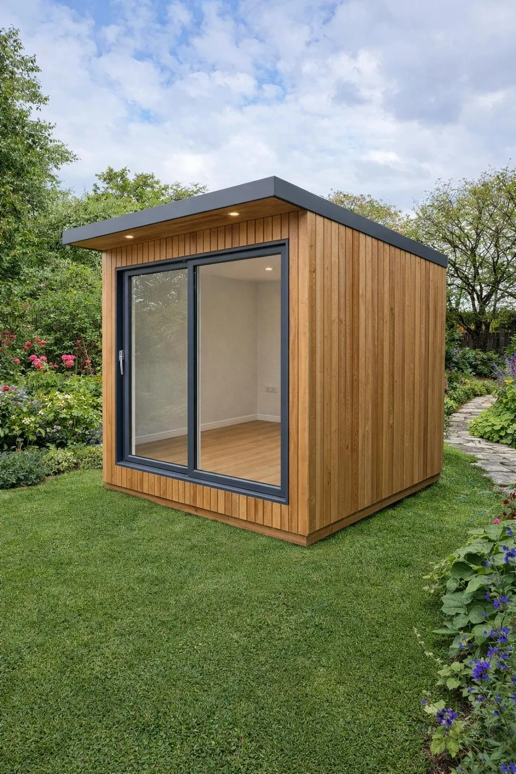A completed Steel Frame Garden Room, wooden with large glass sliding doors, set on a well-maintained grassy yard surrounded by trees and flowering plants under a partly cloudy sky.