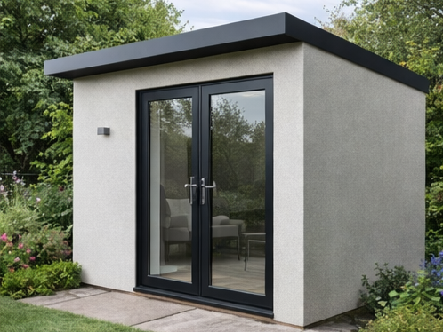 A completed Steel Frame Garden Room with glass doors and a flat roof, surrounded by greenery.