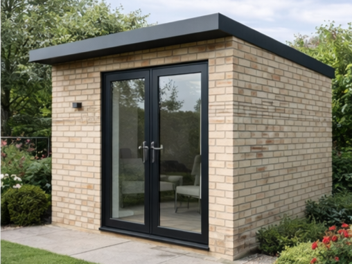 A completed Steel Frame Garden Room with brick, with glass double doors and a flat black roof, surrounded by greenery.