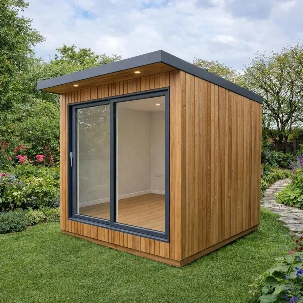 Garden Room Frame finished with wood, with large sliding glass doors, situated in a lush green garden with flowering plants and a stone pathway.