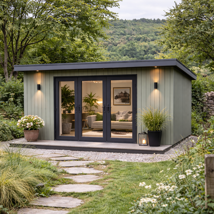 A completed Steel Frame Garden Room with large glass doors, surrounded by greenery and flowers, with a scenic mountain background.
