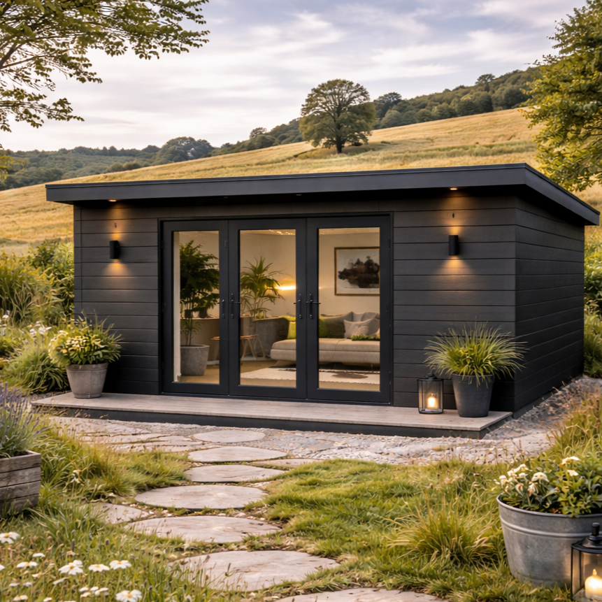 Modern black Garden Room with glass double doors, surrounded by greenery and potted plants, with a rocky pathway leading up to it, set in a scenic outdoor landscape.