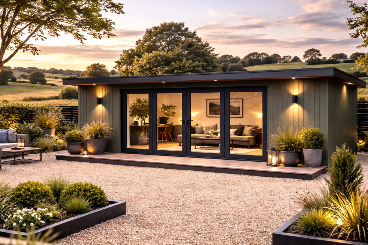 A modern large garden room with glass doors and outdoor lighting, surrounded by landscaped plants and gravel, with a scenic rural backdrop at sunset.
