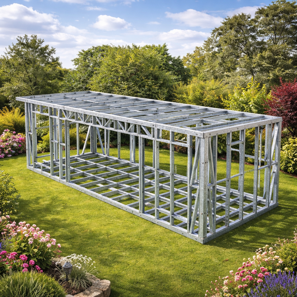 Finished Garden Room Frame.on a well-maintained lawn, surrounded by colorful flowers and green trees under a partly cloudy sky.