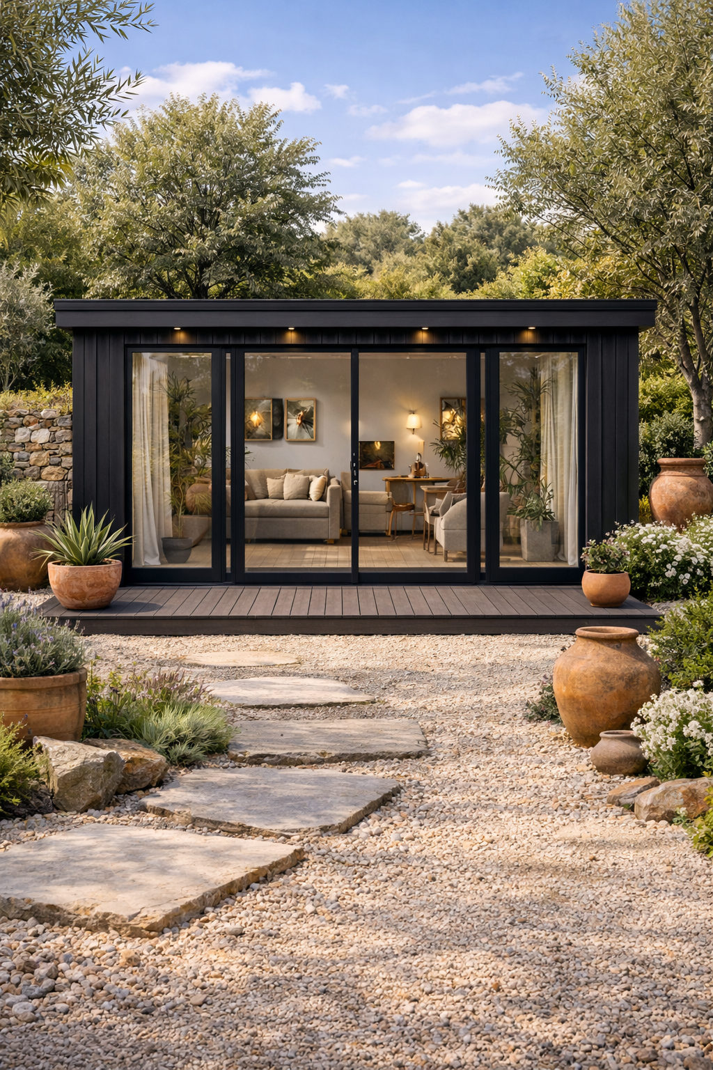 A completed Steel Frame Garden Room in black cladding, with large glass sliding doors, situated in a garden with potted plants, gravel pathway, and trees in the background.