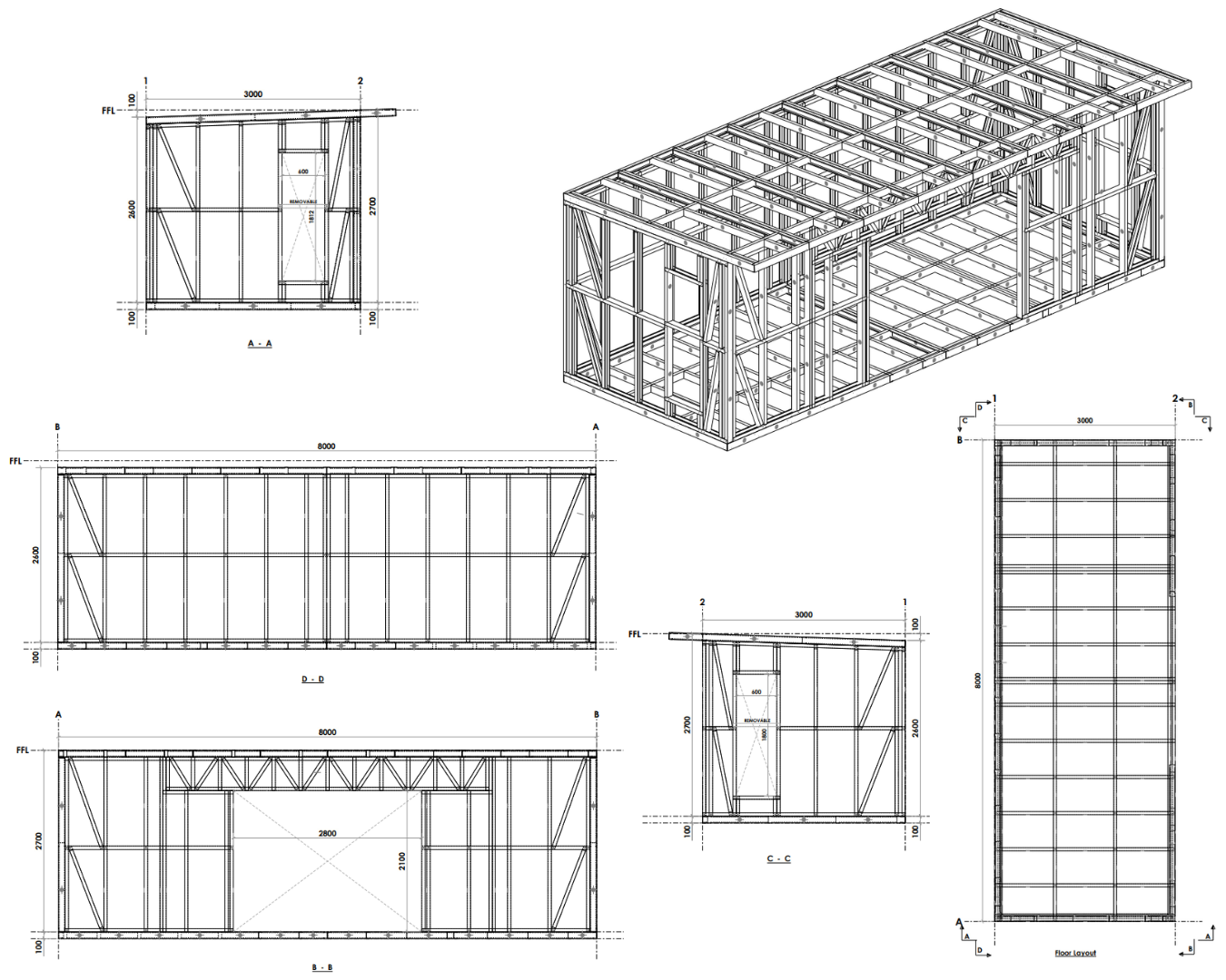 Technical drawing of a building frame with various views including top, side, and isometric, showing structural details and measurements.