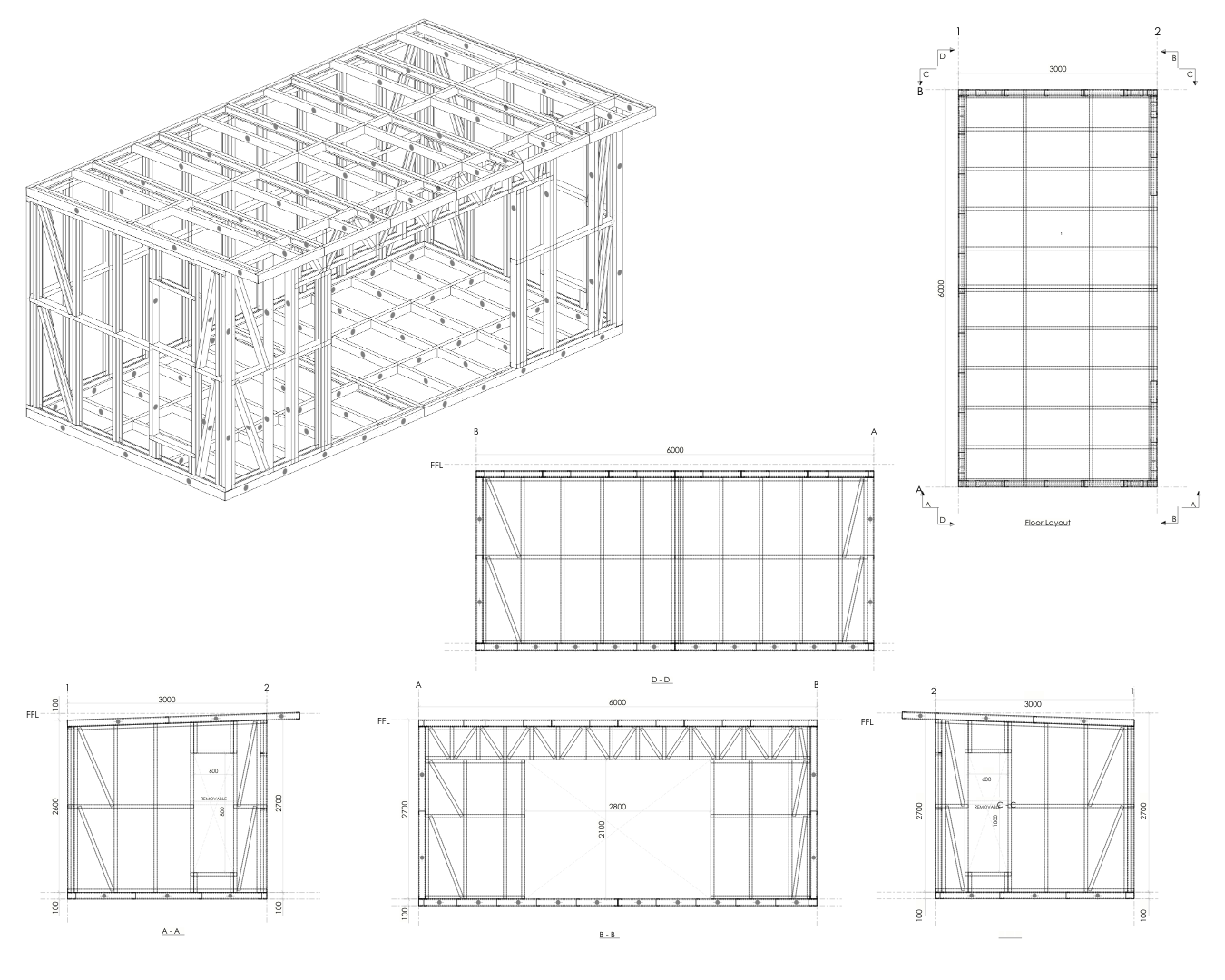 3mx6m Architectural drawing of Garden Room Frame