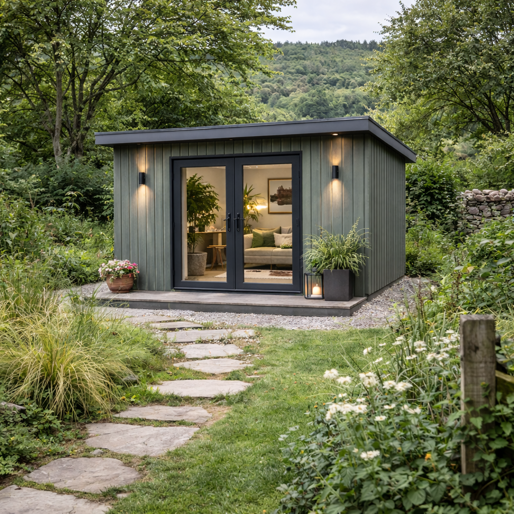 A completed Steel Frame Garden Room with glass double doors, surrounded by lush greenery and plants, with a stone pathway leading up to it, in a scenic outdoor setting.