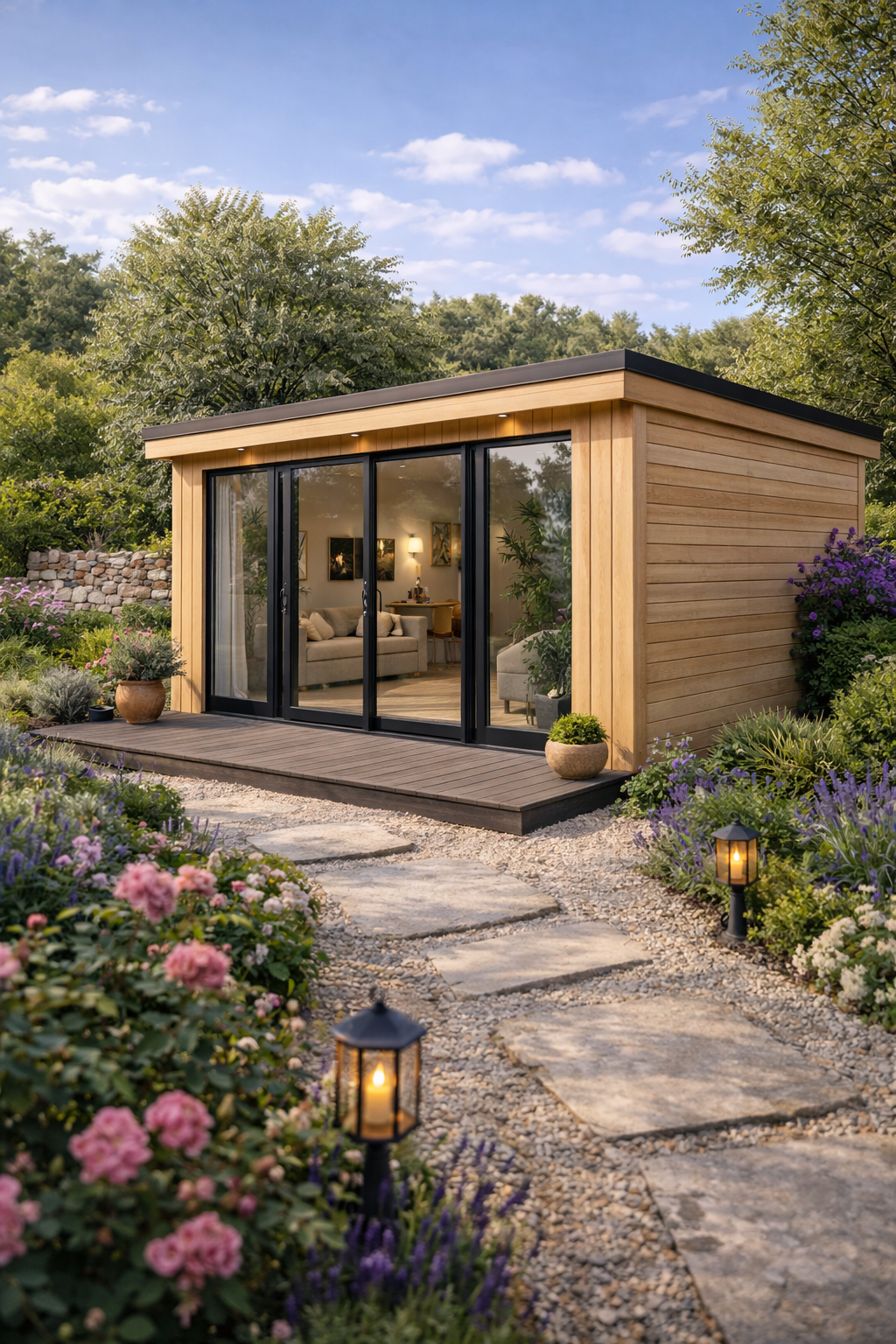 A completed Steel Frame with large glass sliding doors, surrounded by blooming flowers and a stone pathway leading to it. The interior of the house is visible through the glass, showing a living room with a beige sofa and framed pictures on the wall.