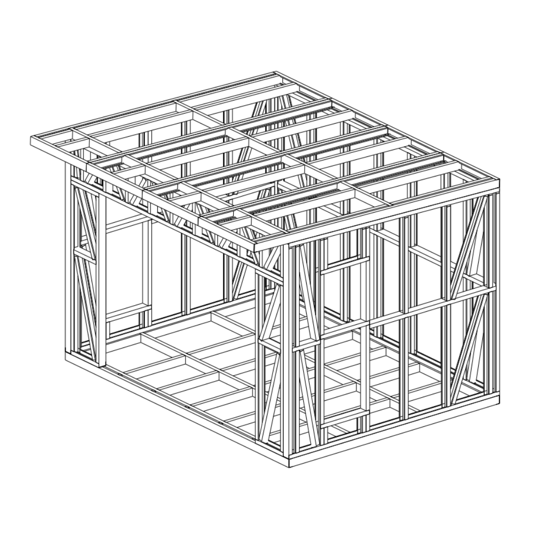 A detailed black and white 3D blueprint of a Garden Room frame showing the stud, structure and roof framework.