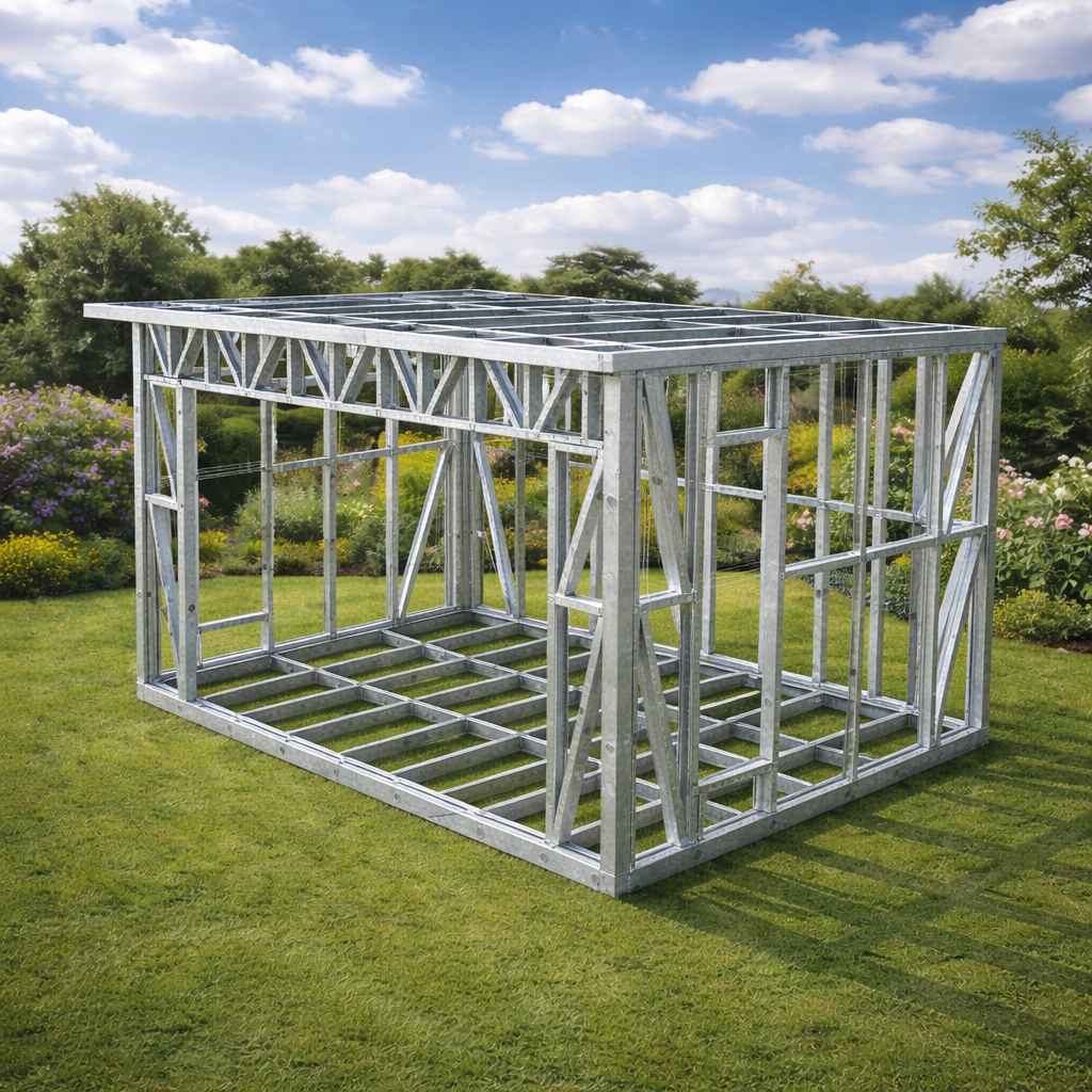 Completed Garden Room Frame on a grassy lawn with trees and flowers in the background under a partly cloudy sky.