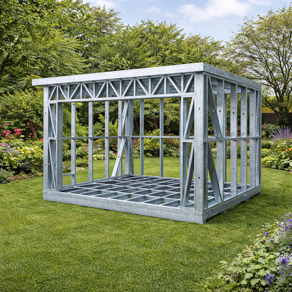 Completed Garden Room Frame on a grassy lawn with trees and colourful flowers in the background.