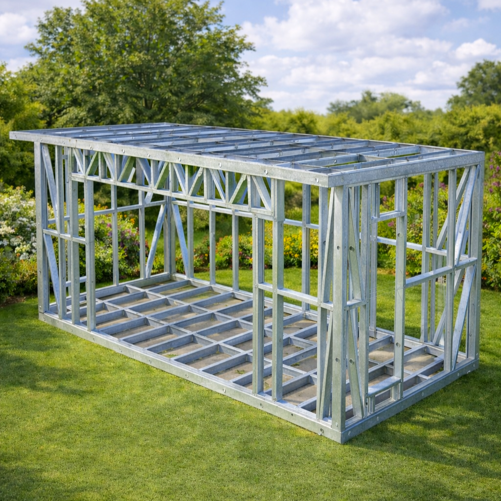 Completed Garden Room Frame a grassy lawn with trees and flowers in the background, under a partly cloudy sky.