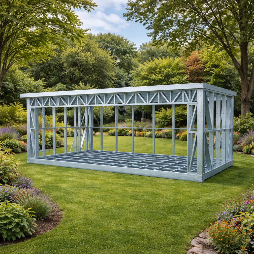 A large completed Garden Room Frame in a lush green lawn in a garden with flowering plants and trees in the background.