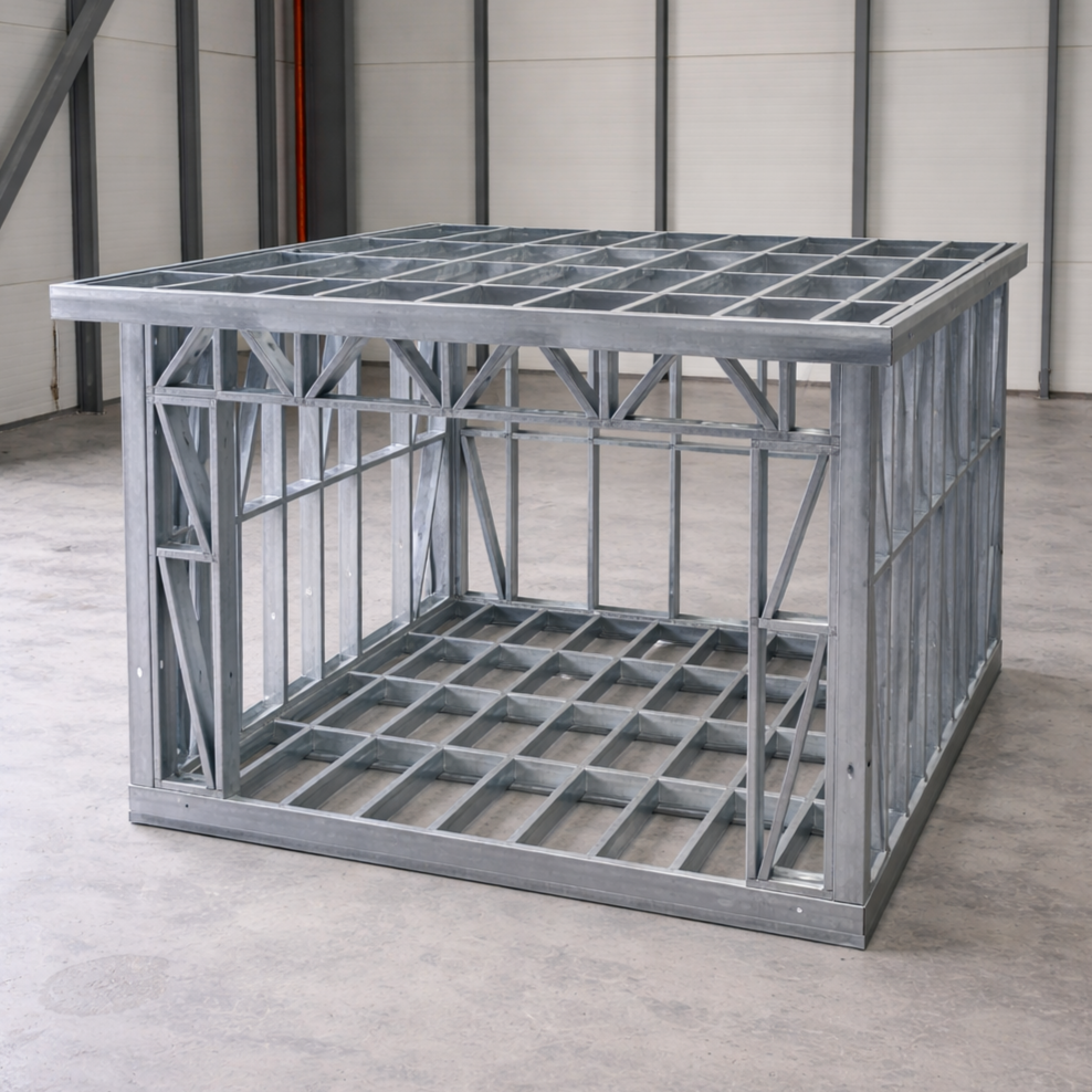 Completed Garden Room Frame in an industrial setting.