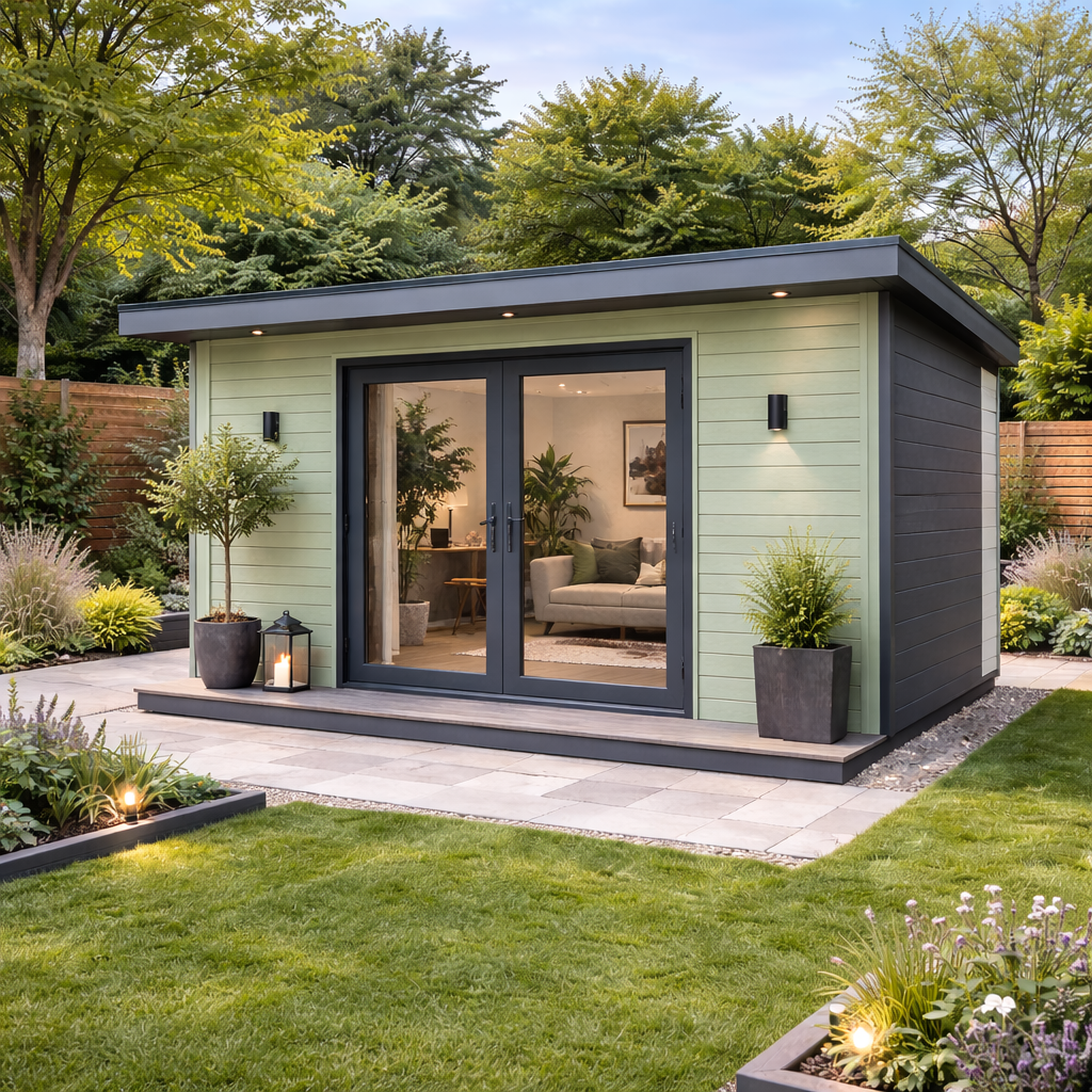 A completed Steel Frame Garden Room  in light green wood with light green siding and dark gray trim, glass double doors, and outdoor lighting, surrounded by greenery and a manicured lawn.