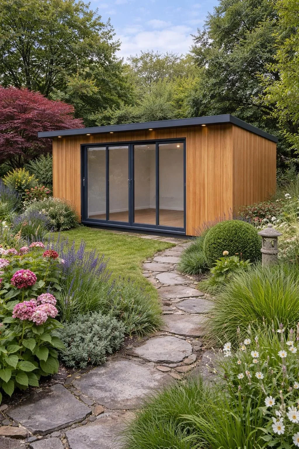 A completed Steel Frame Garden Room with wooden siding and large glass sliding doors, situated in a lush, landscaped garden with a stone pathway, colorful flowers, and trees in the background.