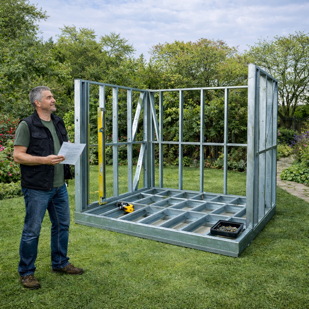 A man standing outside on a grassy lawn, holding papers, next to a part finished metal garden room frame , with tools and a container of screws on the ground.