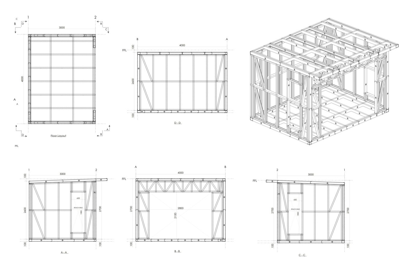3mx4m Architectural drawing of Garden Room Frame