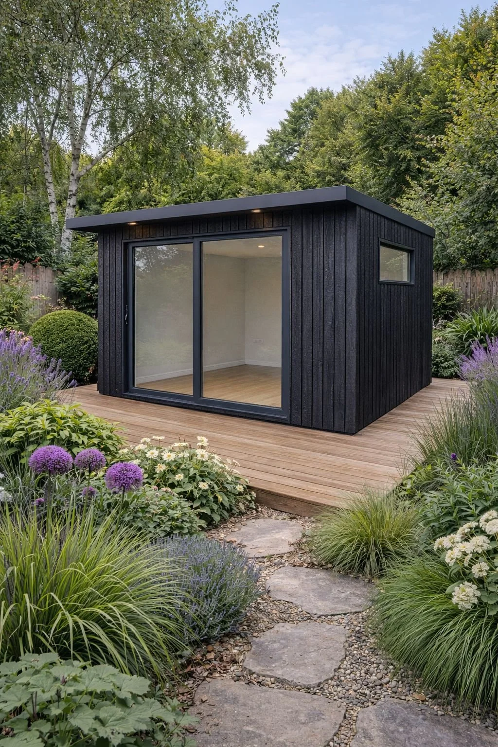 A completed Steel Frame Garden Room with large glass sliding doors and a side window, situated on a wooden deck surrounded by lush green plants and purple flowers, with a stone pathway leading to it.