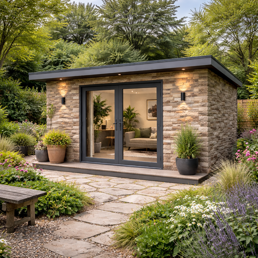 A completed Steel Frame Garden Room with stone walls, glass sliding doors, and outdoor plants in pots, surrounded by a lush garden with flowers and bushes.