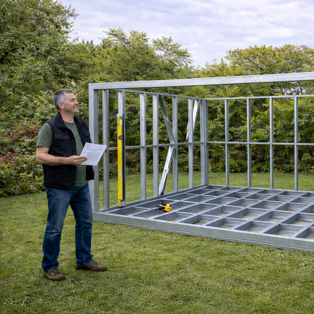A man standing outside on a grassy lawn, holding papers, next to a part finished metal garden room frame , with tools and a container of screws on the ground.