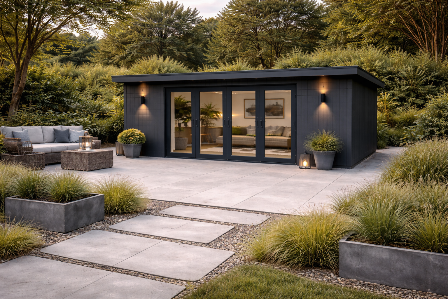 A modern backyard patio with large concrete pavers, lush greenery, and a black clad Garden Room with glass doors showing an interior living space with plants, artwork, and a couch.