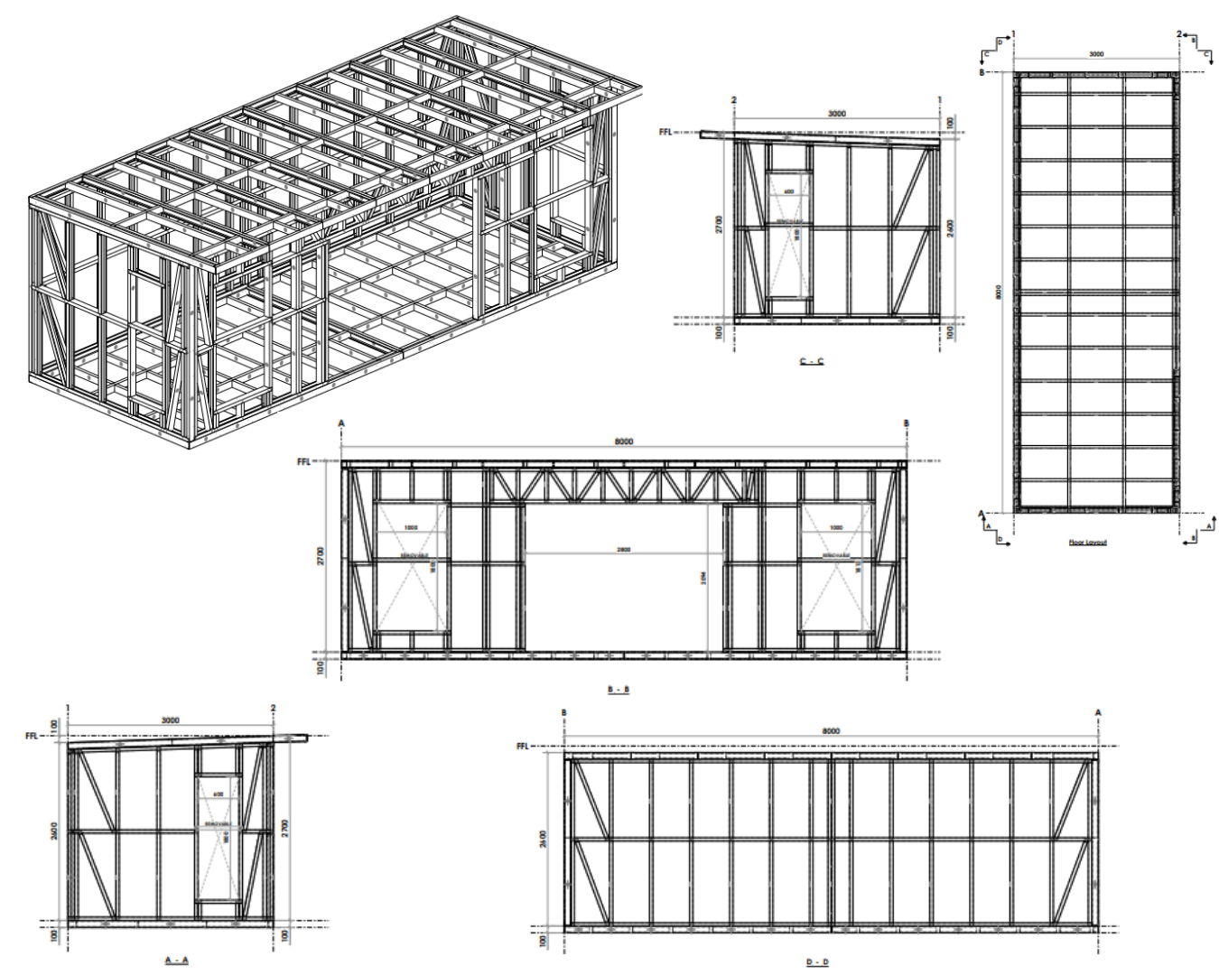 3mx8m Architectural drawing of Garden Room Frame