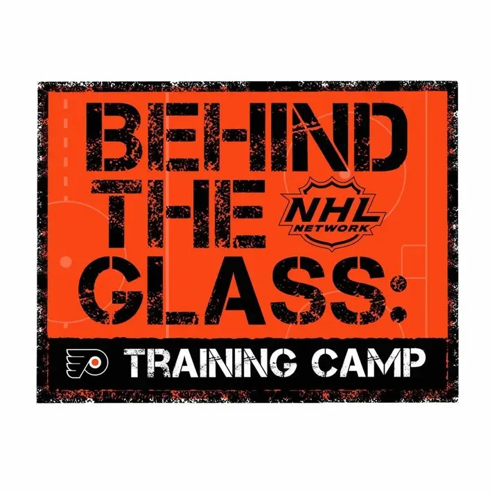 A graphic promoting the NHL Network's Behind the Glass Training Camp with a background of an ice hockey rink and bold text.
